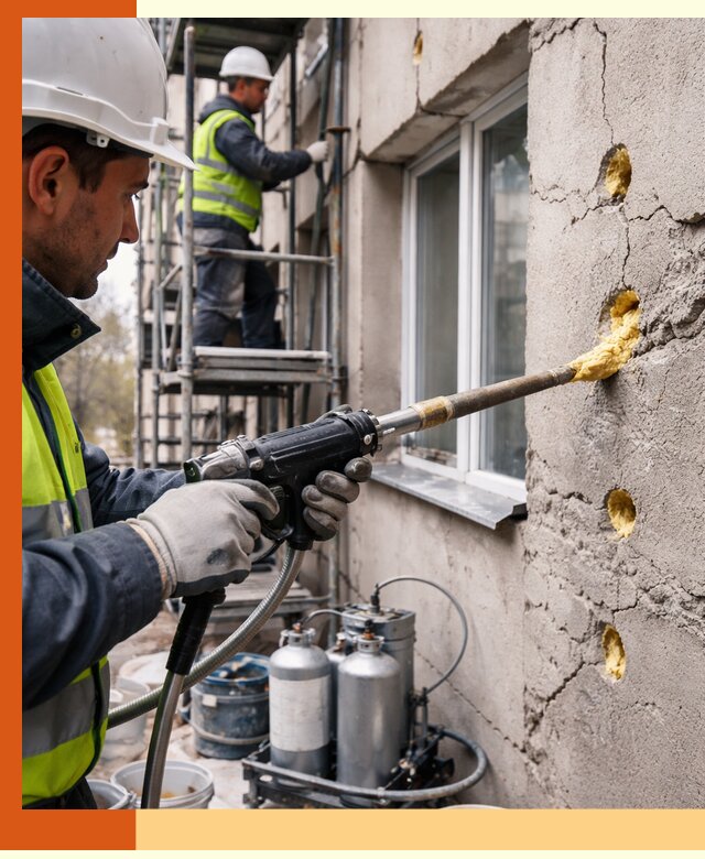 Заполнение пустот в фасаде и утепление стен в Ногинске